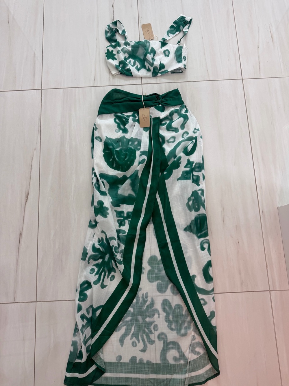 New Green & White Two-Piece Floral Maxi Set